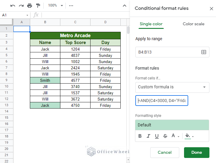 using AND function in conditional formatting custom formula