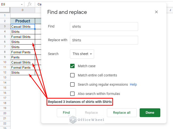 how to search and replace in google spreadsheet using Find and replace
