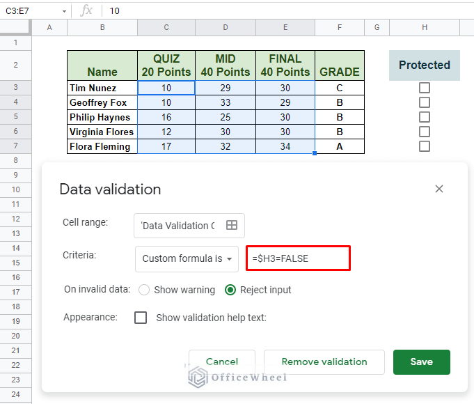 updated custom formula in data validation