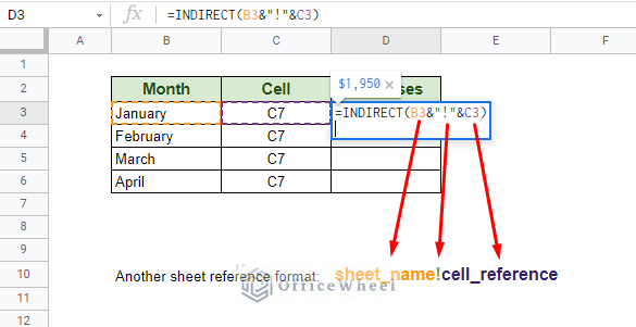 dynamic cell reference in google sheets to another worksheet