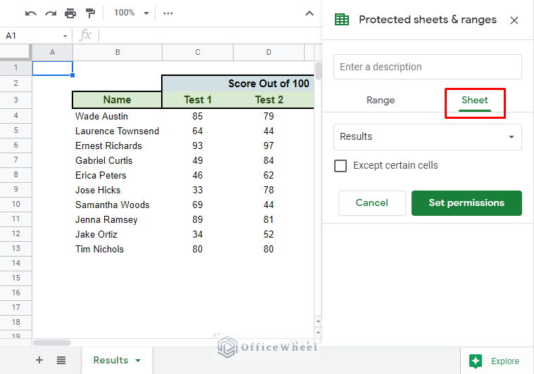 selecting sheet option in protected sheets & ranges menu