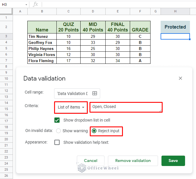 data validation conditions to create a drop-down menu