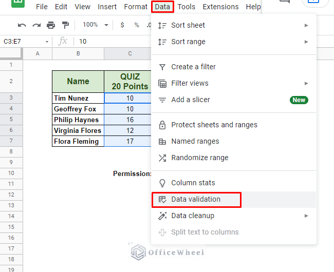 navigating to data validation from the Data tab