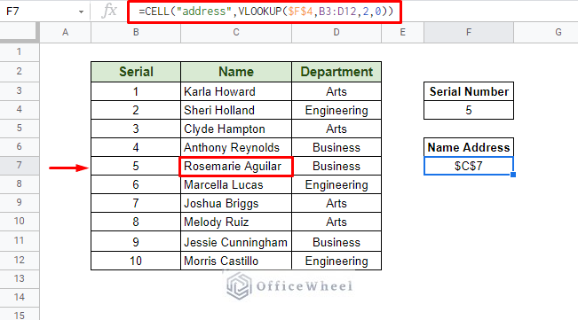 return cell reference in google sheets using cell and vlookup functions 