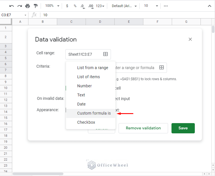 selecting the custom formula is option