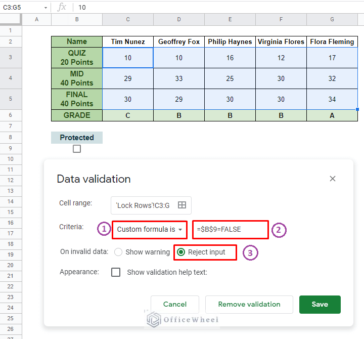 data validation conditions for how to lock rows in google sheets
