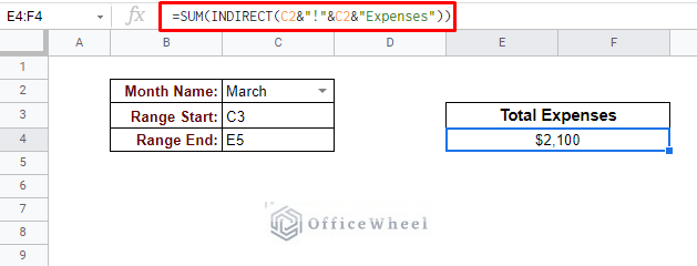 modified formula for indirect range in google sheets using named range