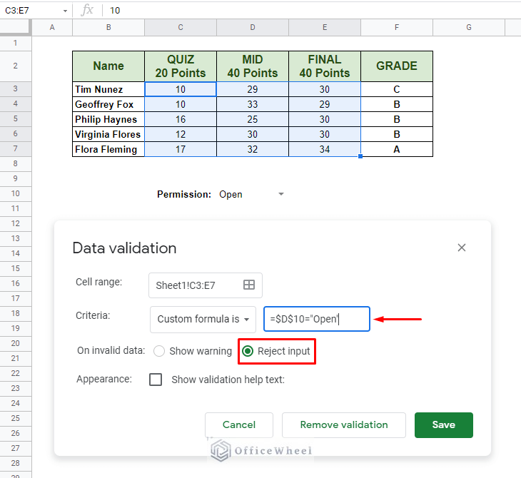 adding custom formula and conditions to data validation to lock columns in google sheets