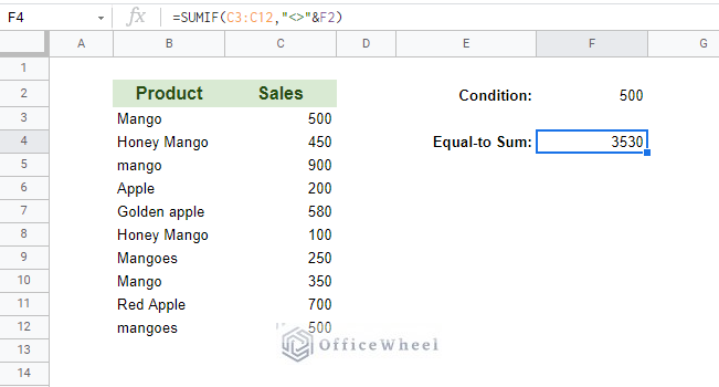 not equal to in sumif in google sheets