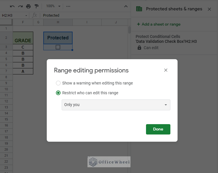 range editing permissions for only you option