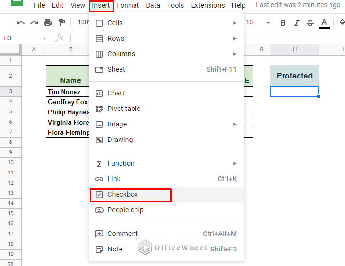 navigating to checkbox from the Insert tab