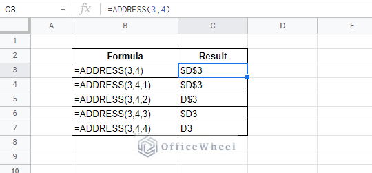 general outcomes for returning cell reference in google sheets with the address function