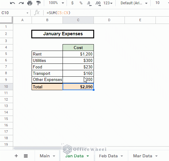 month worksheet total cost cell location animated
