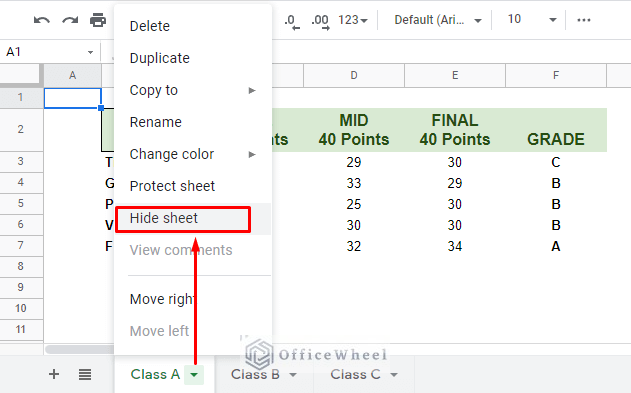 selecting hide sheet from the drop-down menu