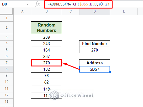 using address and match functions to return cell reference in google sheets