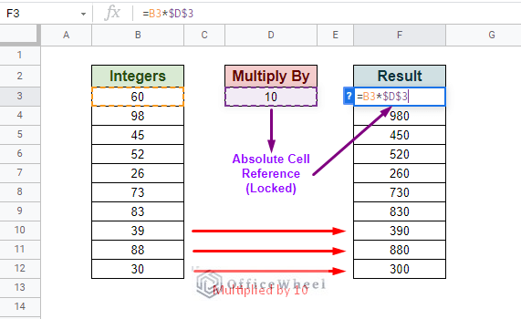use cell value in formula in google sheets with absolute cell reference