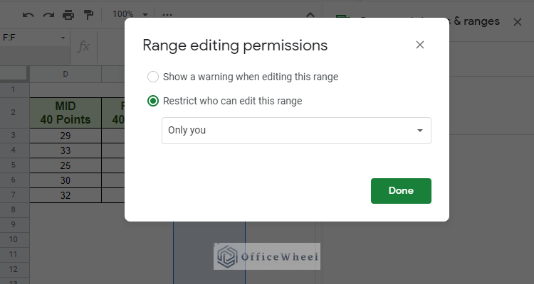 range editing permissions to lock a column in google sheets
