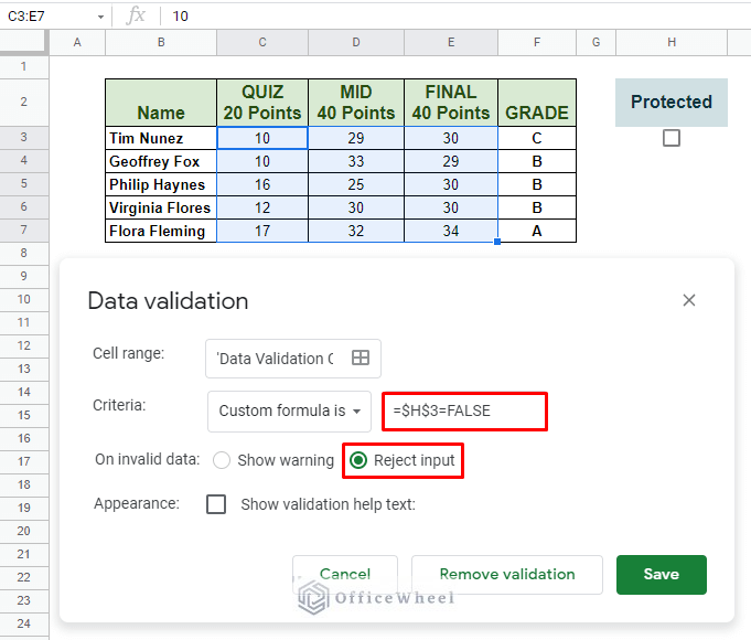setting data validation conditions for conditional locking of cells in google sheets