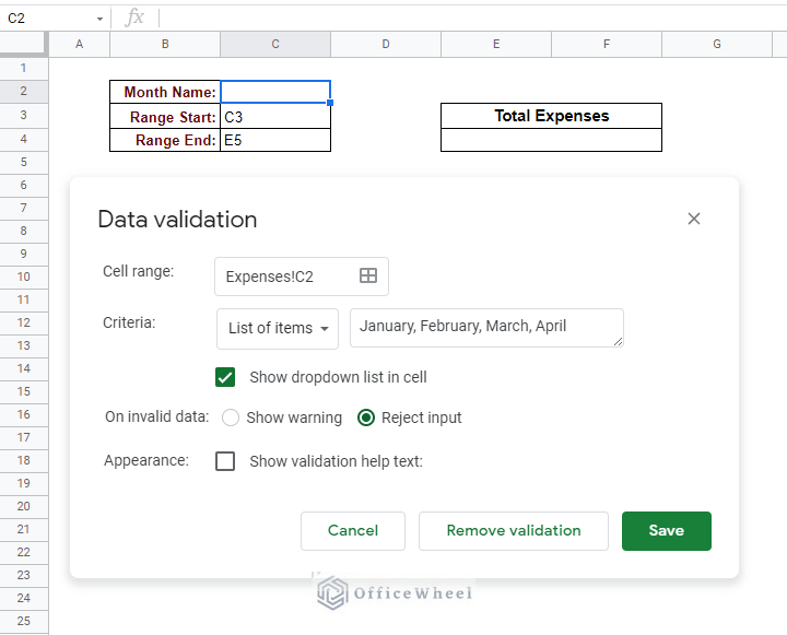 conditions for the drop-down list in data validation