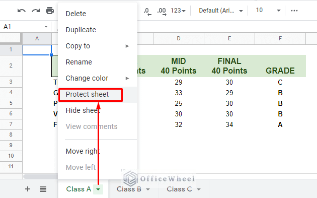 navigating to protect sheet option from the sheet tab