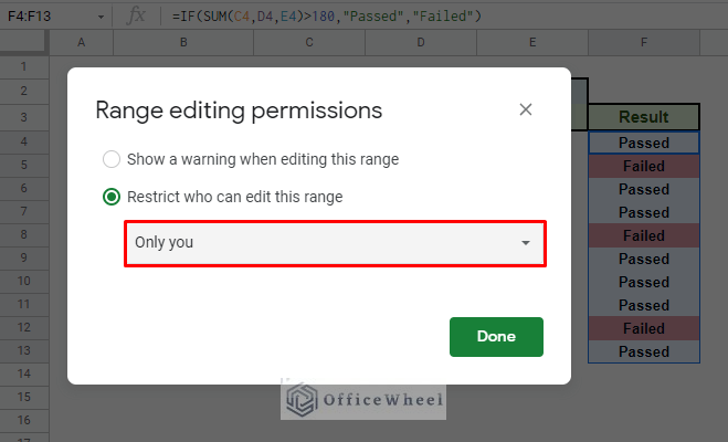 only you is selected by default in the range editing permissions window