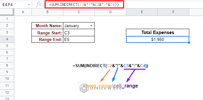 indirect range in google sheets from another worksheet