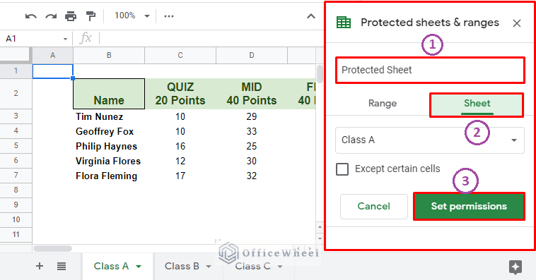 the different sections of the protected sheets & ranges menu