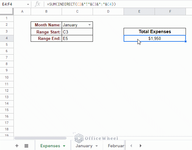indirect range in google sheets from another worksheet animated
