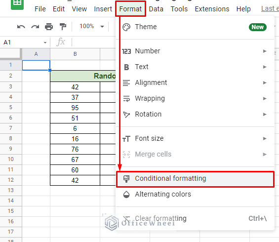 navigating to conditional formatting in google sheets