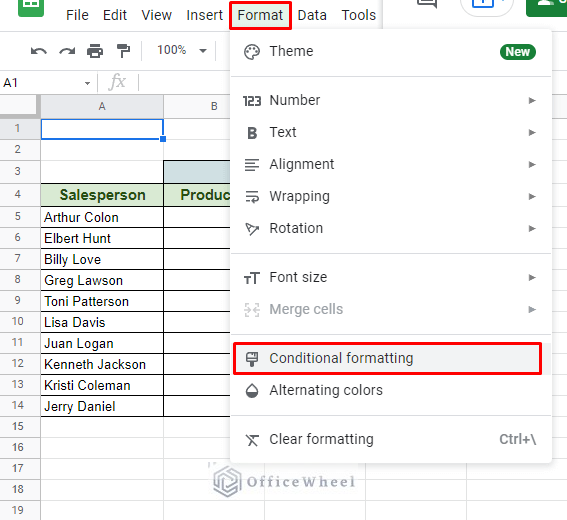 navigating to conditional formatting for custom formula in google sheets