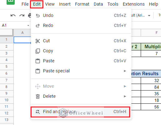 navigating to find and replace to find cell reference in google sheets