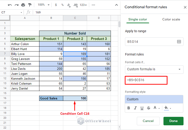 highlighting values from external condition using custom formula in conditional formatting