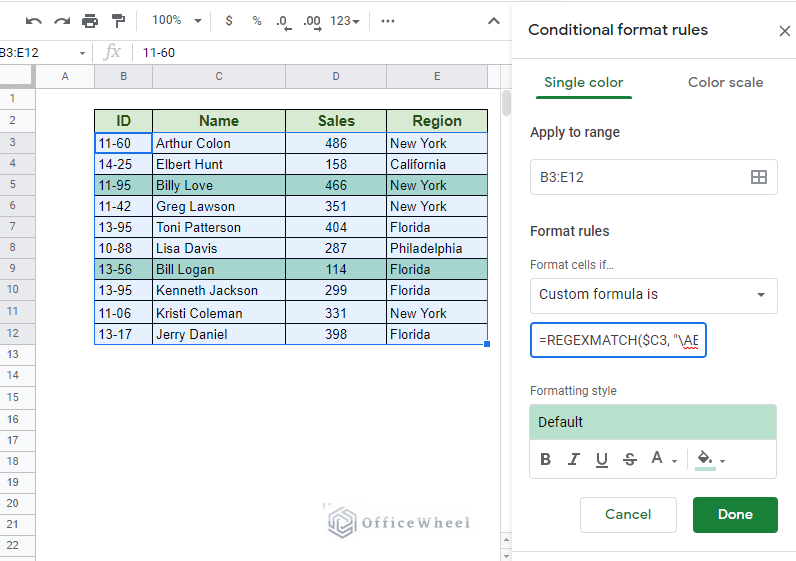 using regular expression to conditionally format row in google sheets