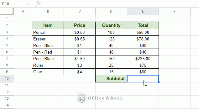 calculating subtotal using cell range reference in google sheets animated