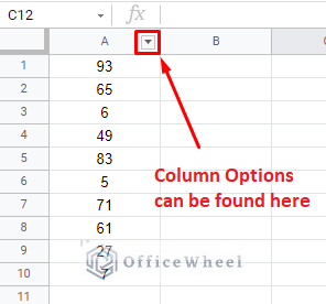 location of the column options drop-down button