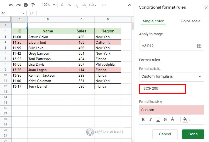 highlighting entire row with conditional formatting in google sheets