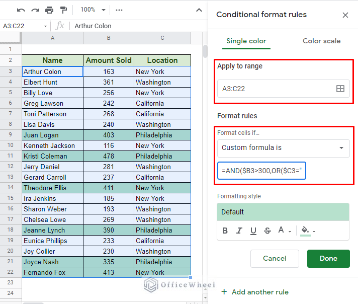 using and or combination on conditional formatting with multiple conditions in google sheets