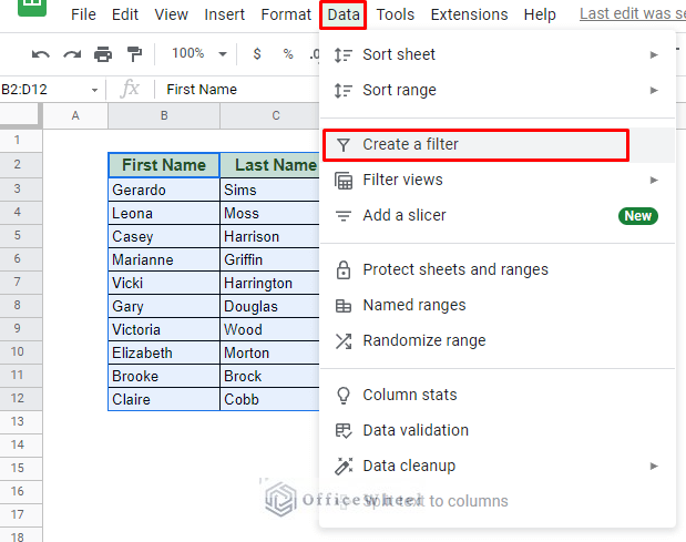 navigating to create a filter from the data tab