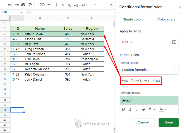 multiple conditions for conditional formatting row based on cell in google sheets