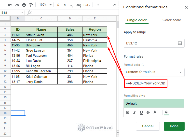 Google Sheets: Conditional Formatting Row Based on Cell
