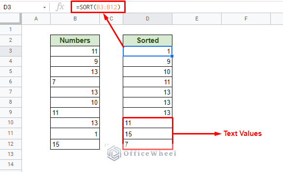 text values are clustered after using the sort function