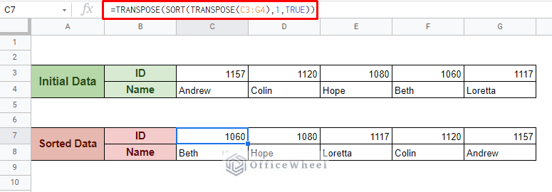 sorting horizontally arrange data with sort and transpose functions in google sheets