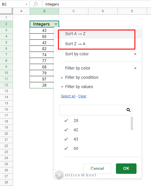 sort options in filter