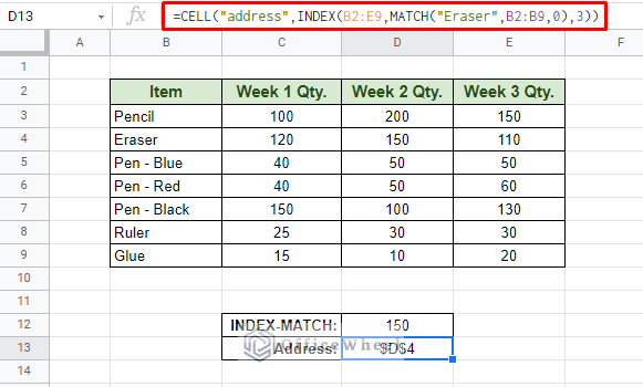 find cell address in google sheets with cell and index match functions