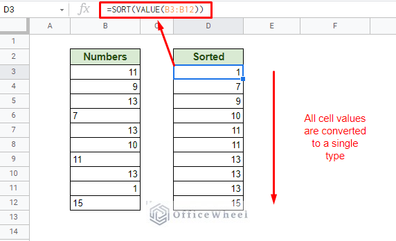 sort by different types of values in google sheets using sort and value functions