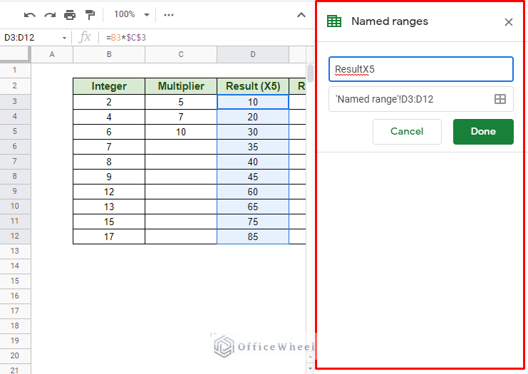 naming the cell range in the named ranges menu