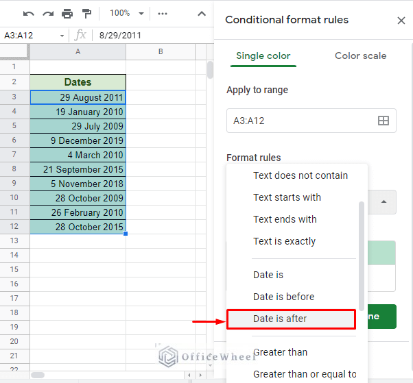 selecting the date is after format rule