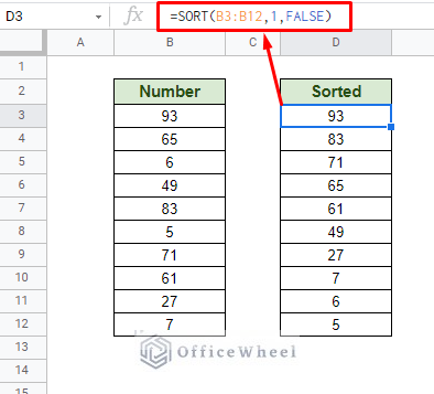 sort by number in google sheets using sort function