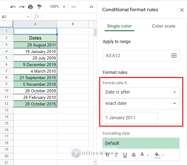 date conditional formatting in google sheets