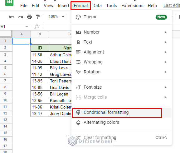 navigating to conditional formatting from the format tab